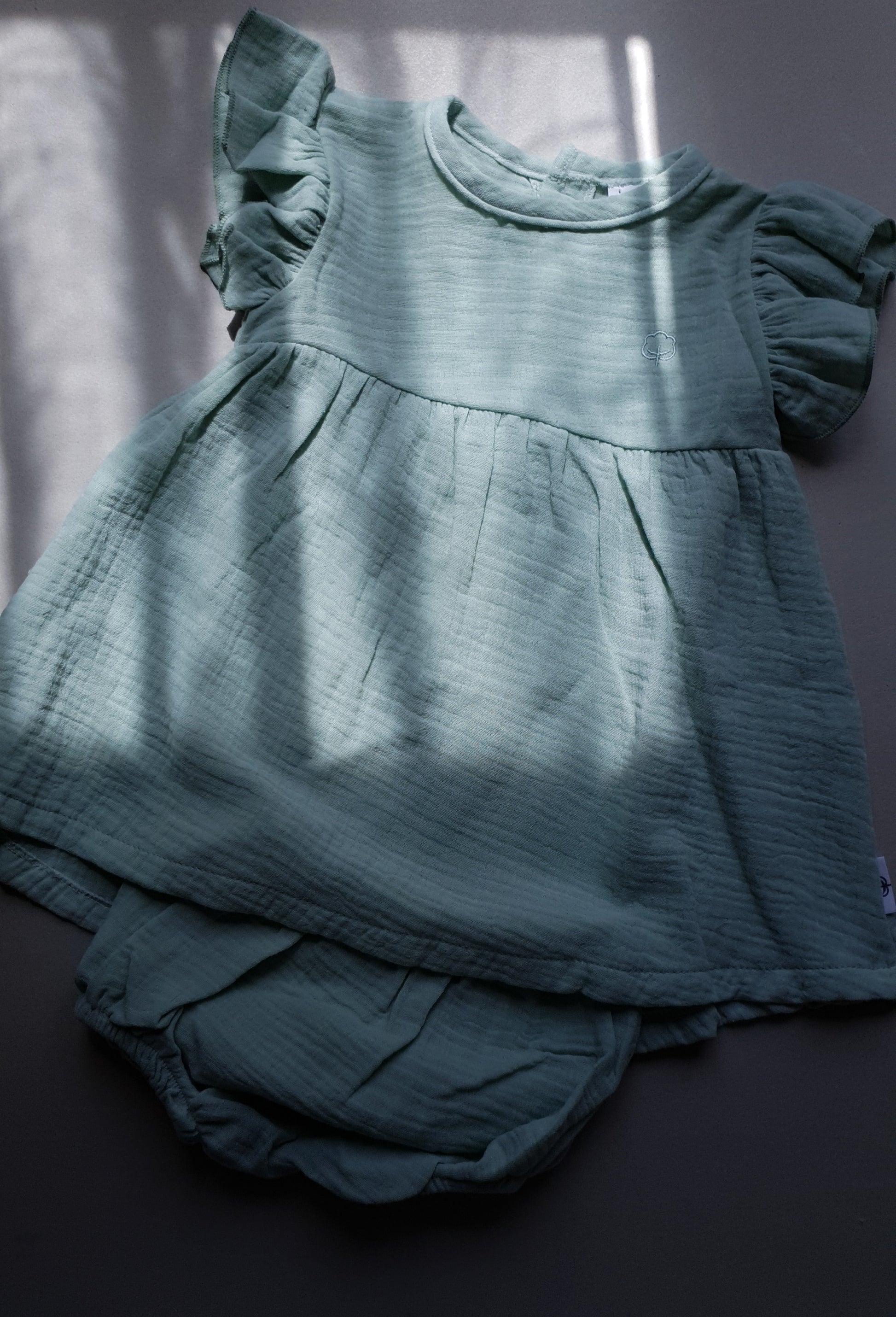 A green baby dress with ruffled sleeves and bloomers.