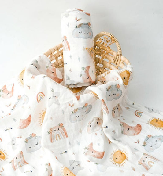 A baby blanket with sun, moon, and cloud patterns.