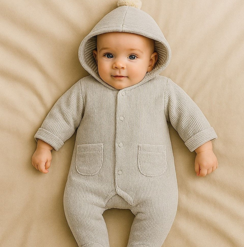 A baby in a cozy beige hooded onesie and blanket.