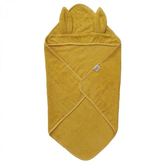 Yellow baby towel with an attached hood featuring ears.