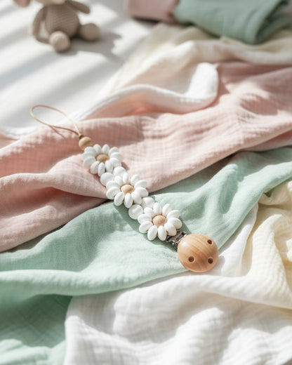 A daisy-themed pacifier clip with white flower beads.