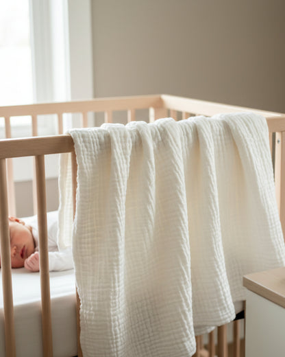 A white textured fabric lies crumpled on a neutral surface.