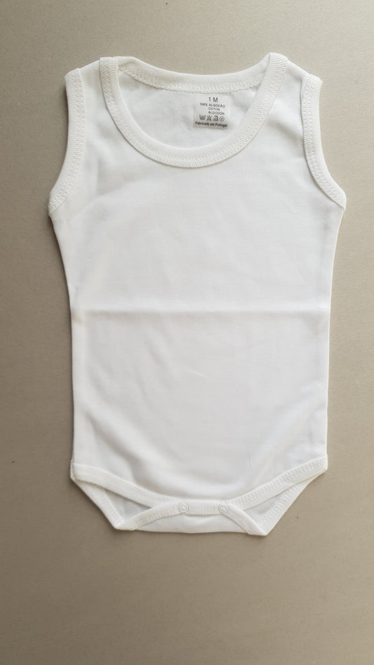 White infant onesie with sleeveless design.
