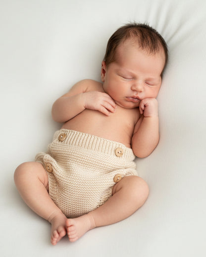 Knitted beige baby bloomers with a textured pattern.